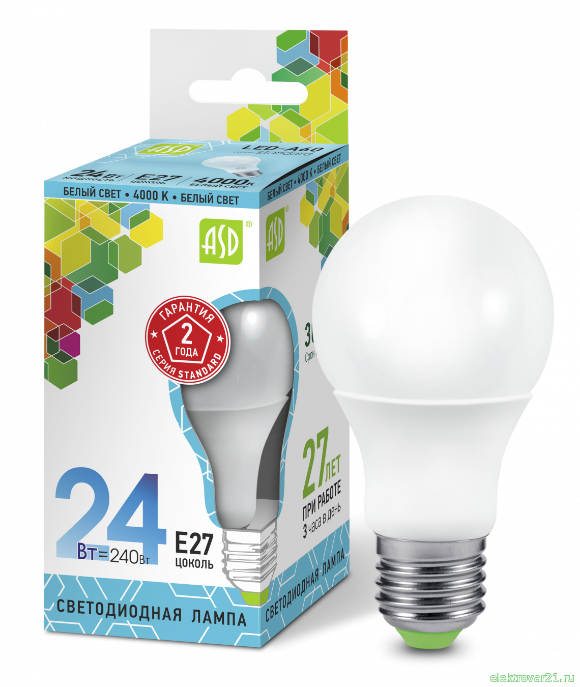 Лампа светодиодная для бытового освещения LED A65 24Вт E27  серии Standart TM ASD